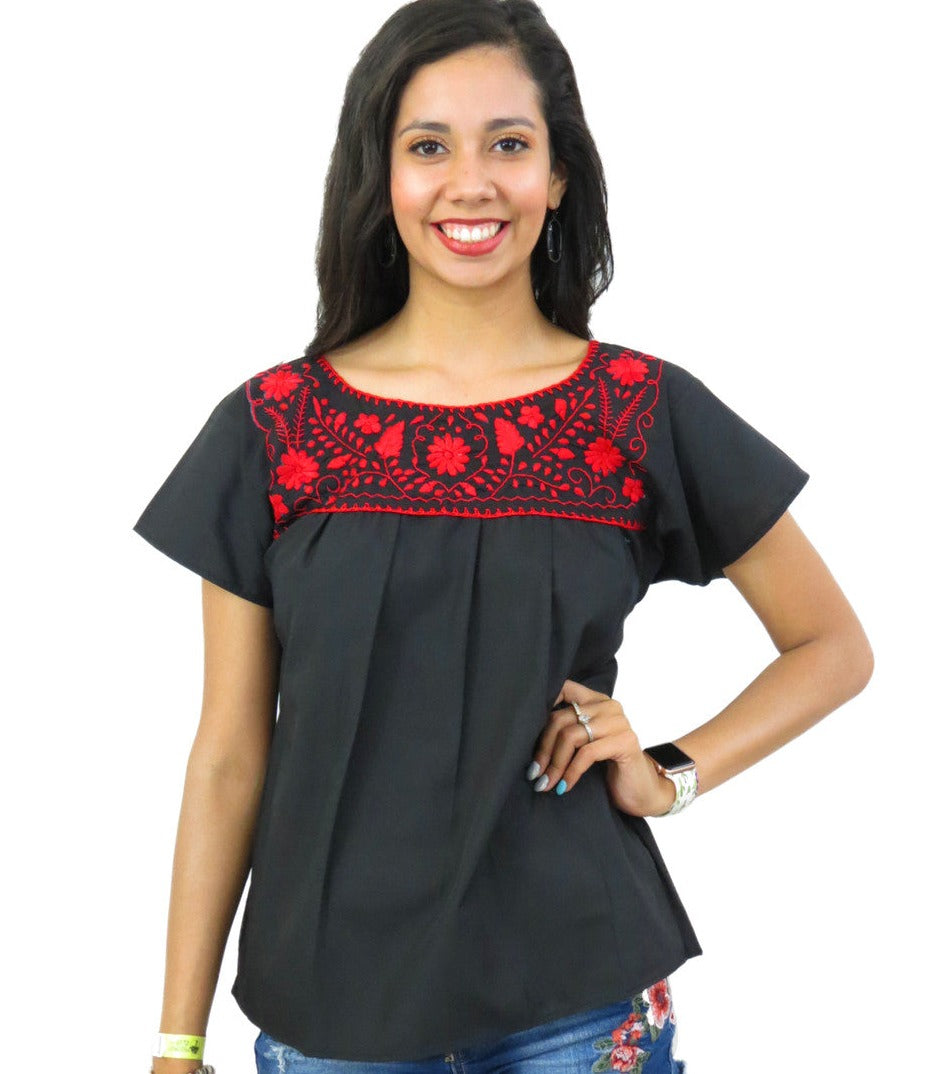 Black Red Hippie Embroidery Bohemian Top