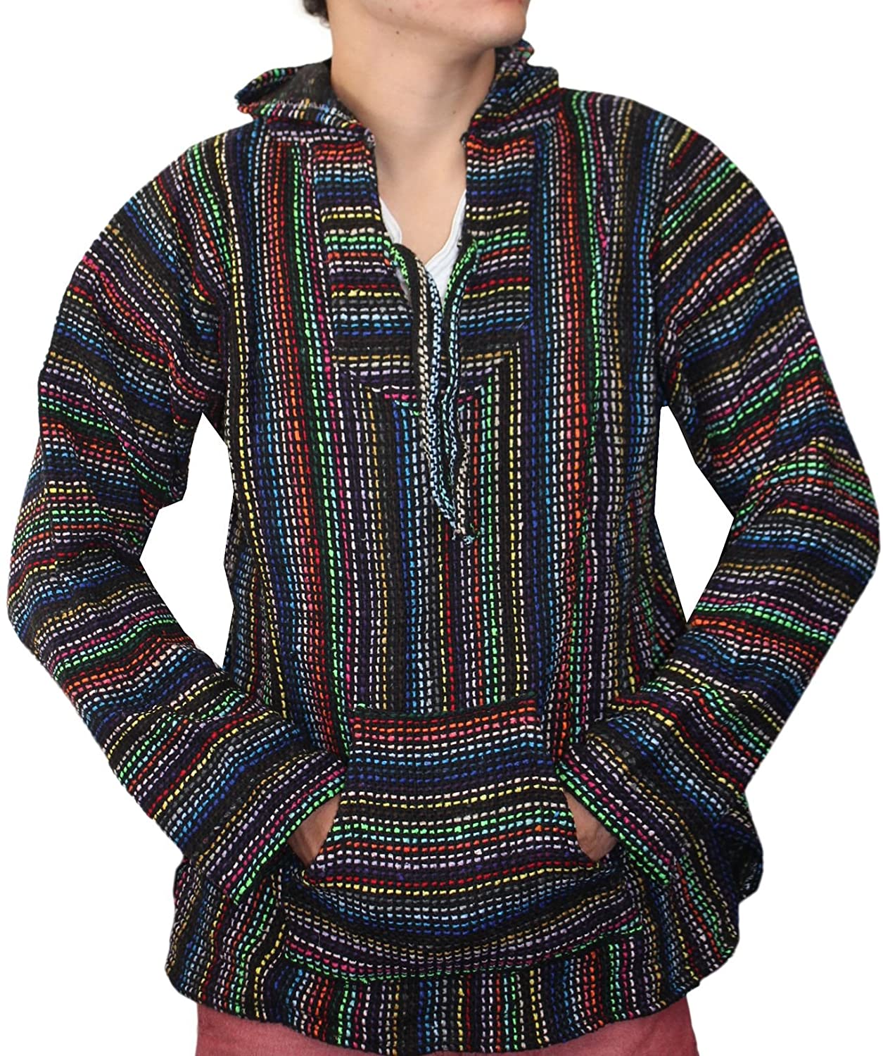 Baja Hoodie Drug Rug Poncho Black/ Rainbow Stripes
