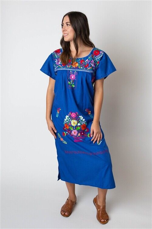 Blue Hippie Embroidery Long Dress