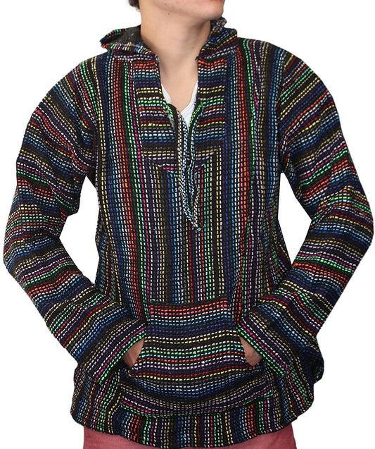 Baja Hoodie Drug Rug Poncho Black/ Rainbow Stripes