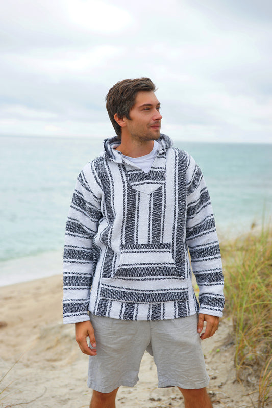 Baja Hoodie Drug Rug Poncho White / Black Stripes