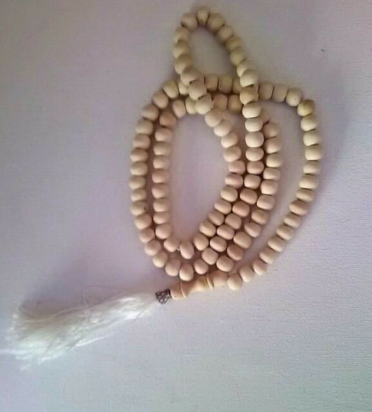 White Tassel Wood Japa Mala
