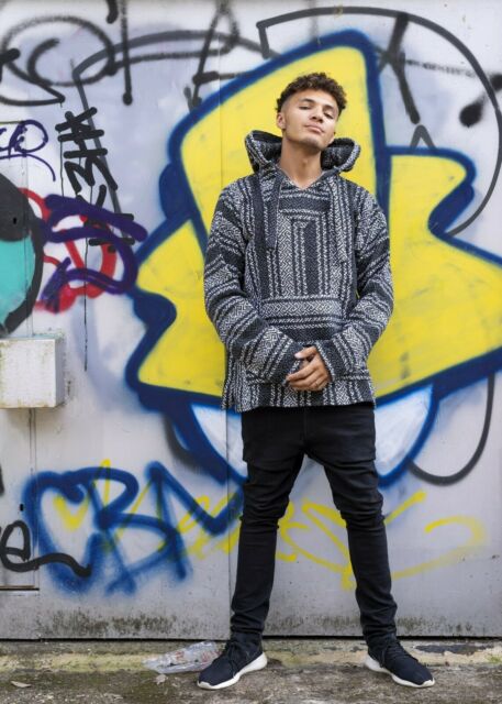 Baja Hoodie Drug Rug Poncho Grey / Black Stripes