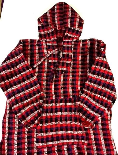 Baja Hoodie Drug Rug Poncho Navy/ Red White Squares